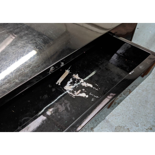 92 - CONSOLE TABLE, 40cm x 78cm H x 131cm, black gloss of concave outline.