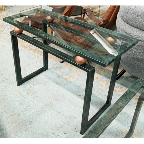 68 - CONSOLE TABLE, 43cm x 110cm x 79cm, to match previous, verdigris finish metal with gilt accents.