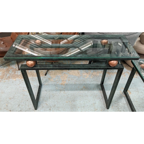 68 - CONSOLE TABLE, 43cm x 110cm x 79cm, to match previous, verdigris finish metal with gilt accents.