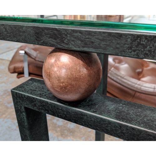 68 - CONSOLE TABLE, 43cm x 110cm x 79cm, to match previous, verdigris finish metal with gilt accents.