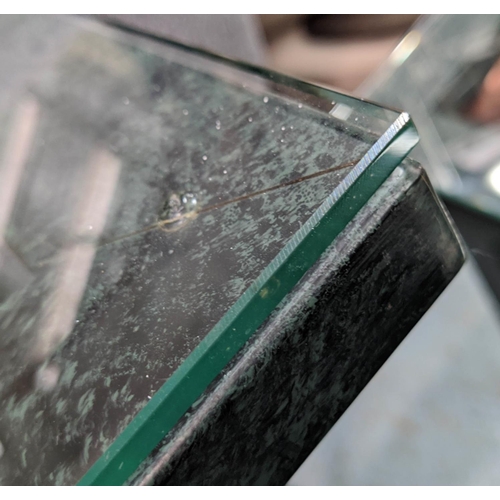 68 - CONSOLE TABLE, 43cm x 110cm x 79cm, to match previous, verdigris finish metal with gilt accents.