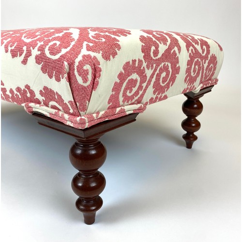 289 - FOOTSTOOL, 100cm x 58cm x 35cm H, upholstered in Planas fabric by Manuel Canovas, raised on turned s... 