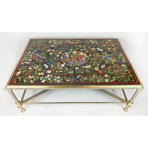 376 - LOW TABLE, 49cm H x 125cm x 85cm, Continental ceramic tiled top decorated with exotic flora and faun... 