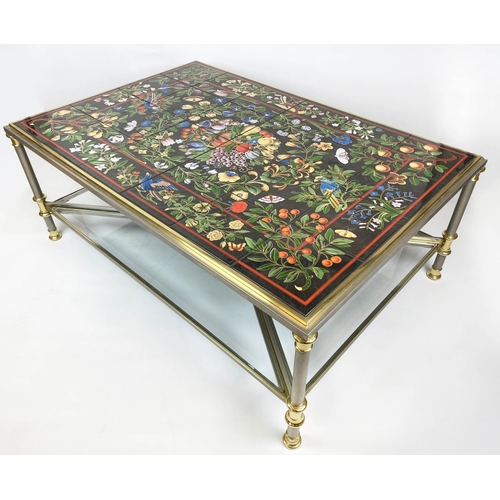 376 - LOW TABLE, 49cm H x 125cm x 85cm, Continental ceramic tiled top decorated with exotic flora and faun... 