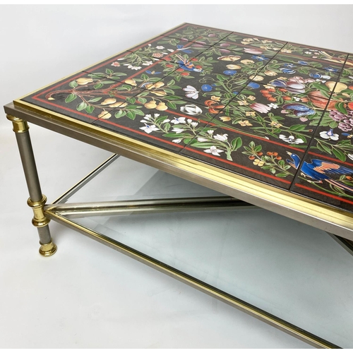 376 - LOW TABLE, 49cm H x 125cm x 85cm, Continental ceramic tiled top decorated with exotic flora and faun... 