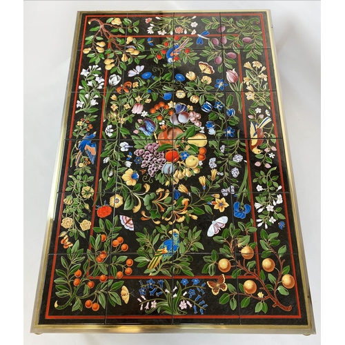 376 - LOW TABLE, 49cm H x 125cm x 85cm, Continental ceramic tiled top decorated with exotic flora and faun... 