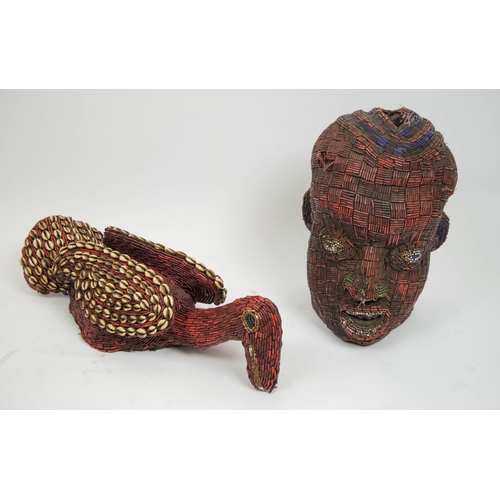 125 - BAMOUN BEADED HEAD AND BIRD, from Cameroon, 40cm H head, bird 60cm L. (2)