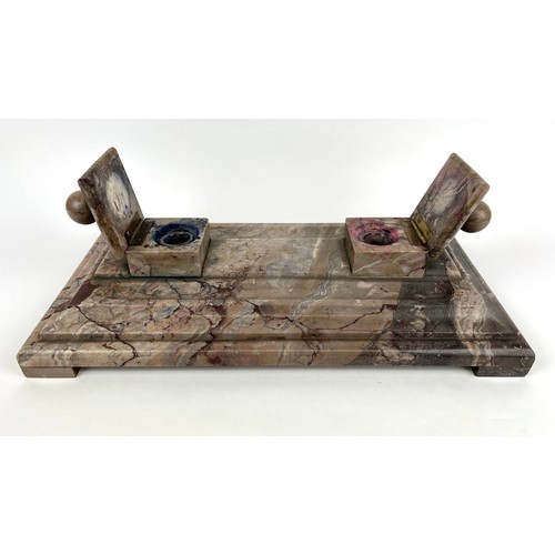 117 - MARBLE DESK STAND, French Art Deco circa 1930, with two inkwells and pen trays, 45cm x 24cm