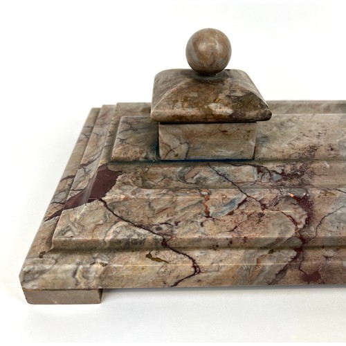 117 - MARBLE DESK STAND, French Art Deco circa 1930, with two inkwells and pen trays, 45cm x 24cm