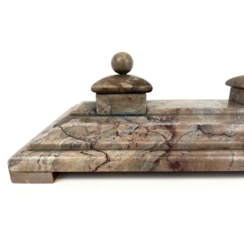 117 - MARBLE DESK STAND, French Art Deco circa 1930, with two inkwells and pen trays, 45cm x 24cm