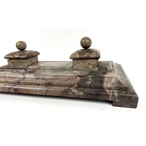 117 - MARBLE DESK STAND, French Art Deco circa 1930, with two inkwells and pen trays, 45cm x 24cm