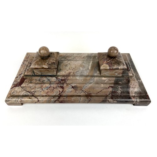 117 - MARBLE DESK STAND, French Art Deco circa 1930, with two inkwells and pen trays, 45cm x 24cm