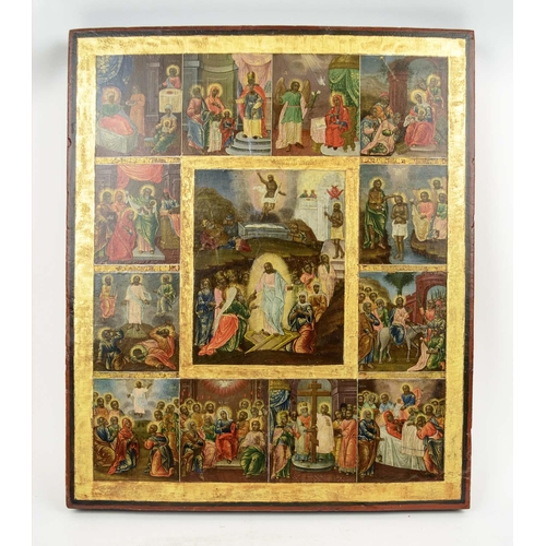 132 - RUSSIAN ICON, 19th century, the life of Christ certified anastasis, tempura on panel, 45cm H x 38cm ... 