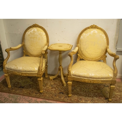 322 - FAUTEUILS,103cm H x 71cm W, a pair, Louis XVI style giltwood in Chinoiserie cream damask and a cream... 