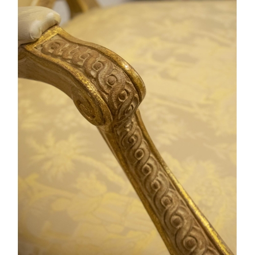 322 - FAUTEUILS,103cm H x 71cm W, a pair, Louis XVI style giltwood in Chinoiserie cream damask and a cream... 