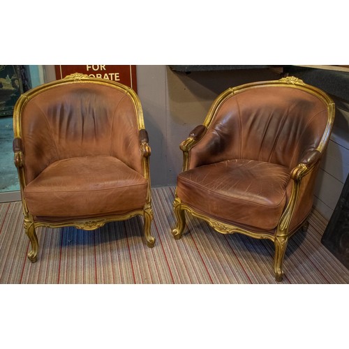 320 - BERGERES, 93cm H x 78cm, a pair, Louis XV style giltwood in brown leather. (2)