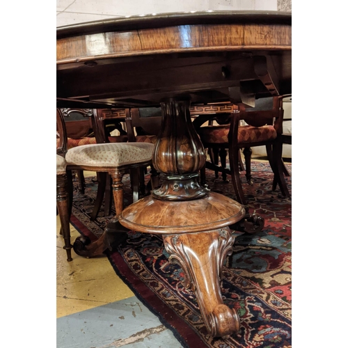 318 - BREAKFAST TABLE, 73cm H x 132cm diam, mid Victorian rosewood with circular tilt top on brass castors... 