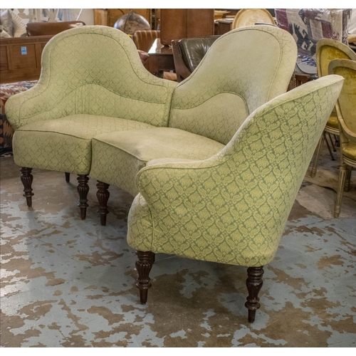 276 - THREE SECTION SOFA, 109cm H x 231cm overall, ends 97cm W centre 90cmm W Napoleon III mahogany in gre... 