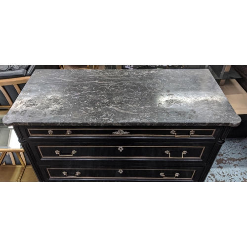 270 - COMMODE, 122.5cm x 54cm x 88cm, Directoire style, ebonised and brass mounted with marble top above t... 