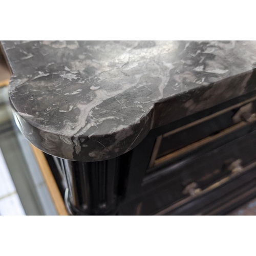 270 - COMMODE, 122.5cm x 54cm x 88cm, Directoire style, ebonised and brass mounted with marble top above t... 