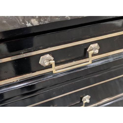 270 - COMMODE, 122.5cm x 54cm x 88cm, Directoire style, ebonised and brass mounted with marble top above t... 