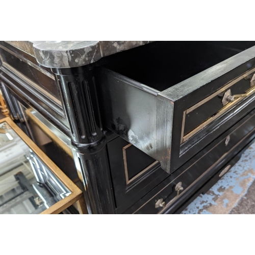 270 - COMMODE, 122.5cm x 54cm x 88cm, Directoire style, ebonised and brass mounted with marble top above t... 