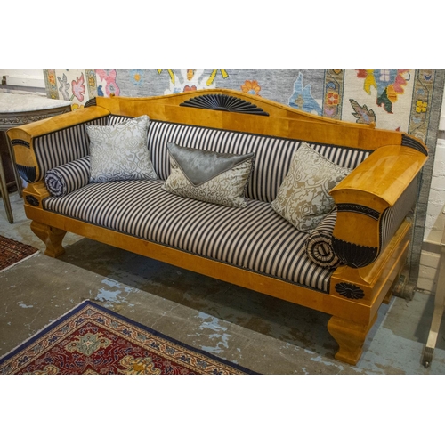 267 - SOFA, 105cn H x 228cm W x 67cm D, Biedermeier birch and ebonised, in striped upholstery.