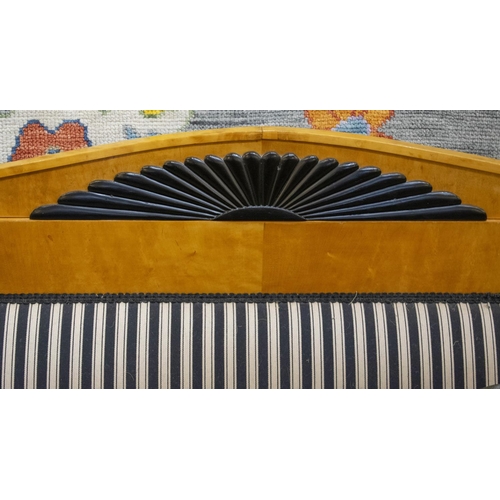 267 - SOFA, 105cn H x 228cm W x 67cm D, Biedermeier birch and ebonised, in striped upholstery.