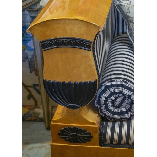 267 - SOFA, 105cn H x 228cm W x 67cm D, Biedermeier birch and ebonised, in striped upholstery.