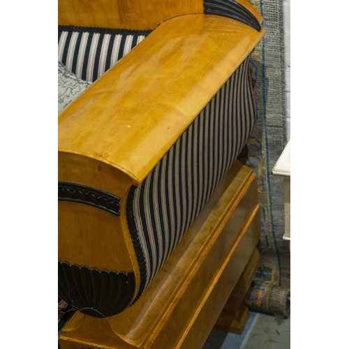 267 - SOFA, 105cn H x 228cm W x 67cm D, Biedermeier birch and ebonised, in striped upholstery.