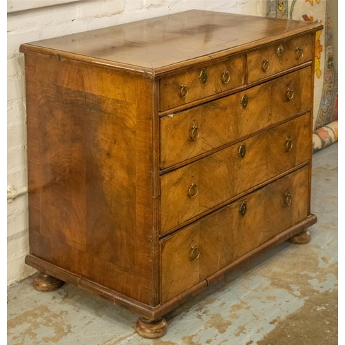 266 - CHEST, 82cm H x 95cm W x 54cm D, Queen Anne Walnut, circa 1710, with five drawers on later bun feet.