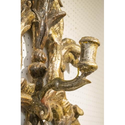 265 - WALL LIGHT, 66cm x 99cm H, 17th century Italian, silvered wood with three sconces.