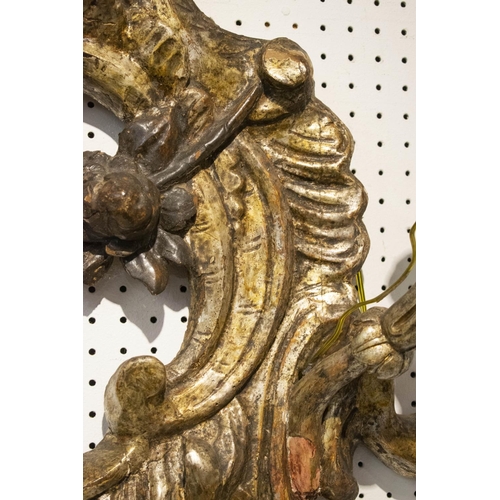265 - WALL LIGHT, 66cm x 99cm H, 17th century Italian, silvered wood with three sconces.