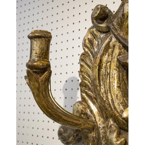 265 - WALL LIGHT, 66cm x 99cm H, 17th century Italian, silvered wood with three sconces.