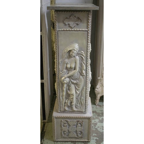 262 - PEDESTALS, two, 124cm H x 37cm W, Art Deco style, painted wood with carved female figures and square... 