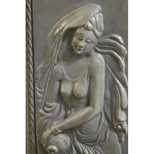 262 - PEDESTALS, two, 124cm H x 37cm W, Art Deco style, painted wood with carved female figures and square... 