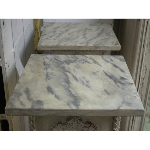 262 - PEDESTALS, two, 124cm H x 37cm W, Art Deco style, painted wood with carved female figures and square... 
