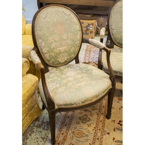 264 - OPEN ARMCHAIRS, 60cm W, a set of four, late 19th century, George III style oak, in patterned green f... 