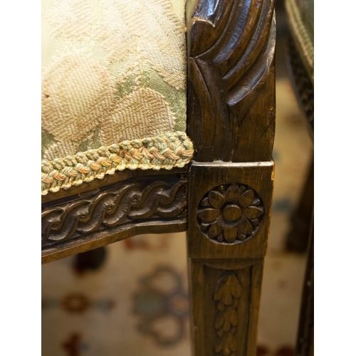 264 - OPEN ARMCHAIRS, 60cm W, a set of four, late 19th century, George III style oak, in patterned green f... 