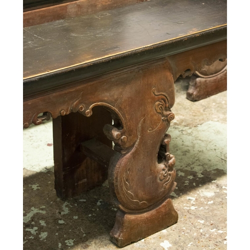 253 - CHINESE BENCHES, 54cm H x 304cm x 31cm, a pair, 19th century hardwood. (These benches had black tops... 