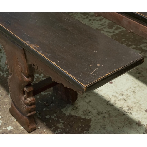 253 - CHINESE BENCHES, 54cm H x 304cm x 31cm, a pair, 19th century hardwood. (These benches had black tops... 