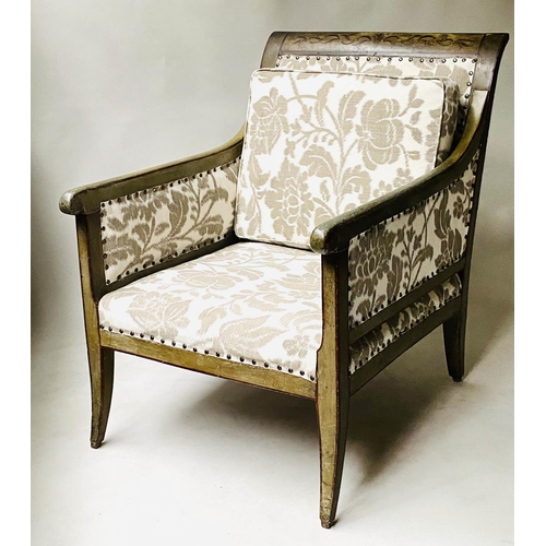 201 - SWEDISH BERGERE, 19th century, painted and lined, with studded foliate grey/white linen union uphols... 