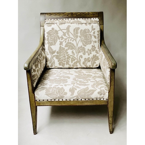 201 - SWEDISH BERGERE, 19th century, painted and lined, with studded foliate grey/white linen union uphols... 