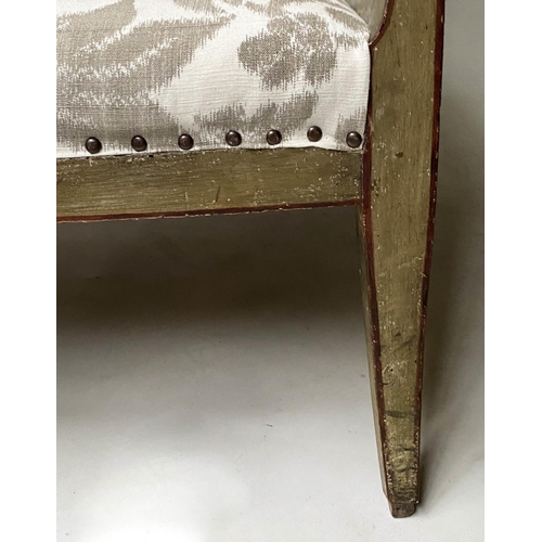201 - SWEDISH BERGERE, 19th century, painted and lined, with studded foliate grey/white linen union uphols... 