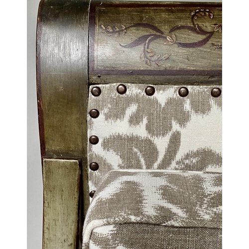 201 - SWEDISH BERGERE, 19th century, painted and lined, with studded foliate grey/white linen union uphols... 