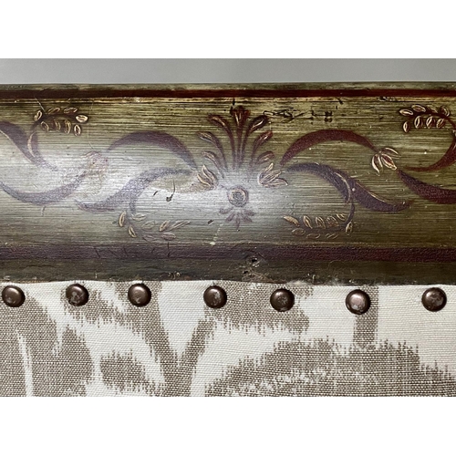 201 - SWEDISH BERGERE, 19th century, painted and lined, with studded foliate grey/white linen union uphols... 