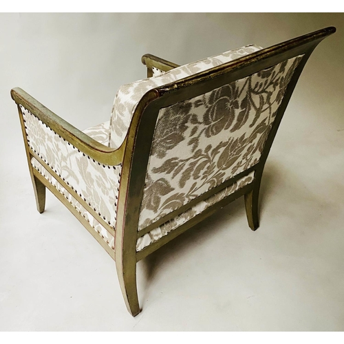 201 - SWEDISH BERGERE, 19th century, painted and lined, with studded foliate grey/white linen union uphols... 