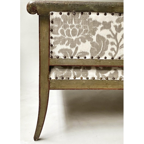 201 - SWEDISH BERGERE, 19th century, painted and lined, with studded foliate grey/white linen union uphols... 