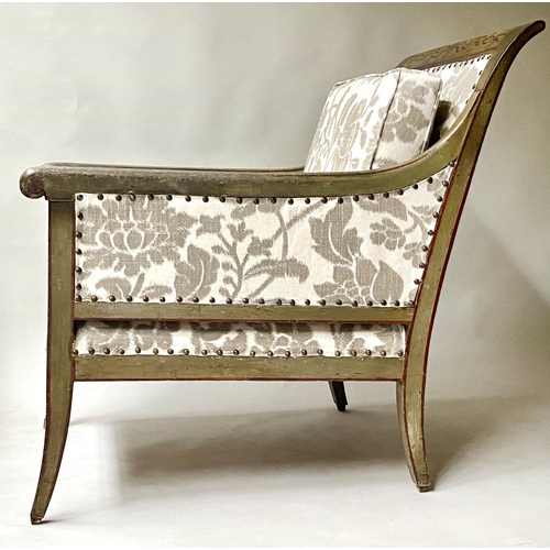 201 - SWEDISH BERGERE, 19th century, painted and lined, with studded foliate grey/white linen union uphols... 