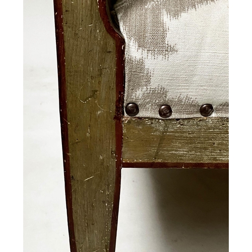 201 - SWEDISH BERGERE, 19th century, painted and lined, with studded foliate grey/white linen union uphols... 